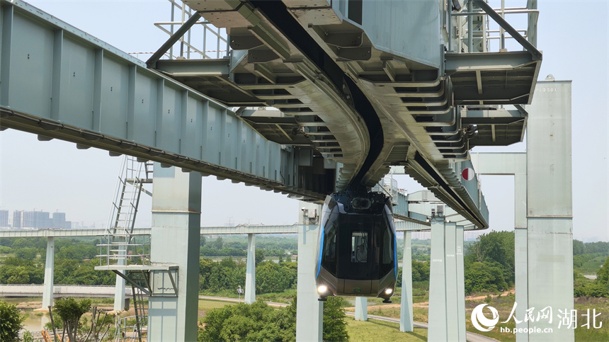 空軌列車車體懸掛于軌道梁下方“飛行”。人民網(wǎng)記者 王郭驥攝